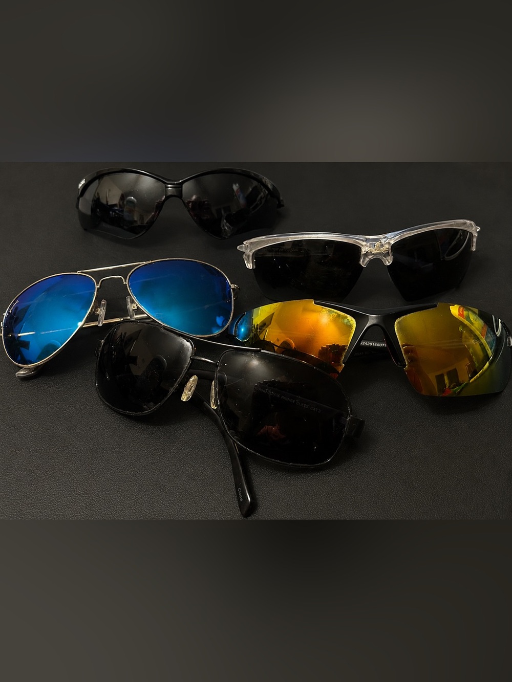 5 pair of men’s Sunglasses -pugs, u.s. polo assn., nemesis, denominator, piranha
